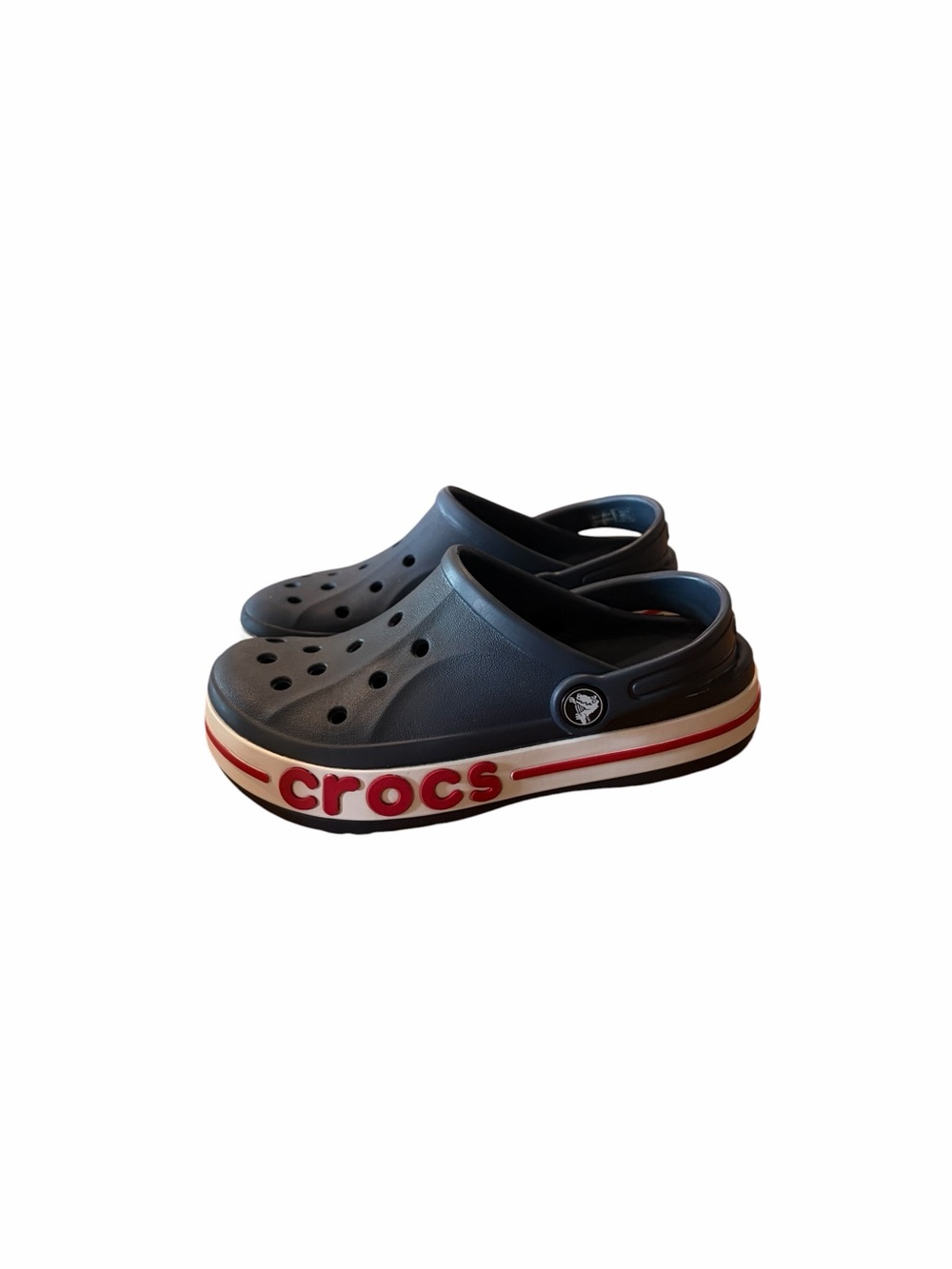 Crocs Bayaband Kids Navy Blue Classic Clogs with Red Accent.